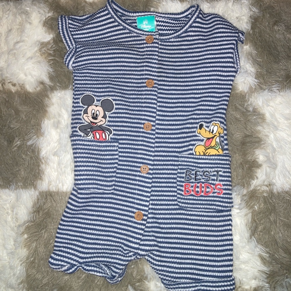 Disney Blue and White Striped Bodysuit with Cartoon Accents